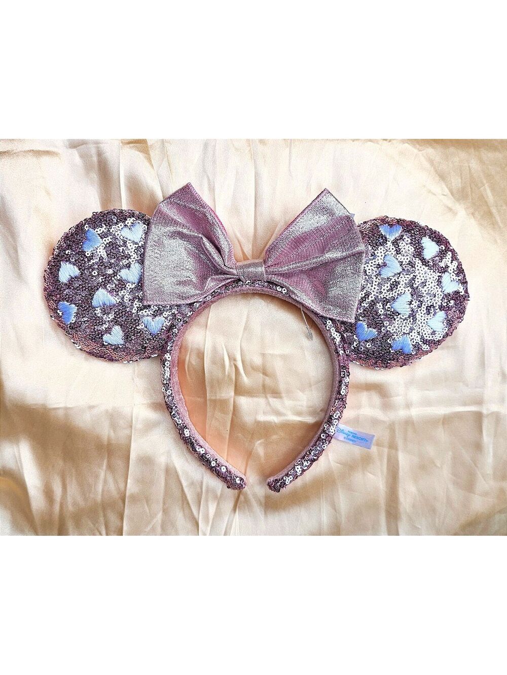 Metallic Pink White Hearts Sequin Minnie Mickey Mouse Ear Bow Headband